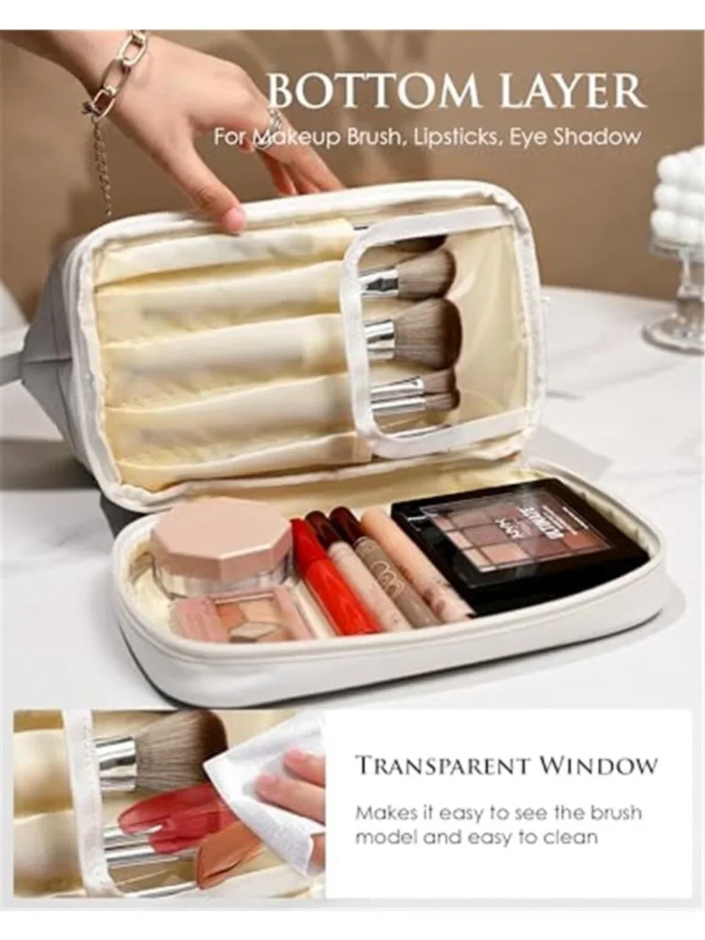 Travel Makeup Bag Cosmetic Organizer PU Leather Toiletry Case Brush Storage